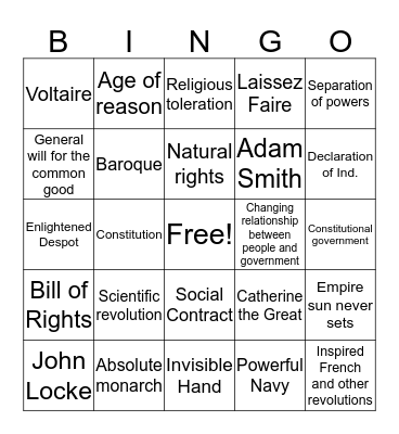 Enlightenment Bingo Card