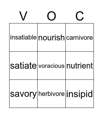 Vocabulary Bingo Card