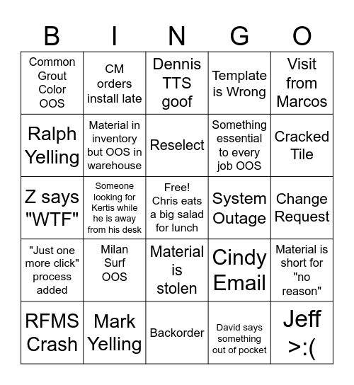 FS Flooring Bingo Card