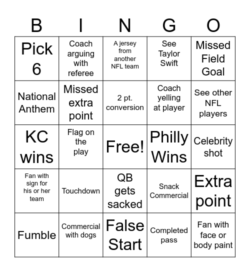 SuperBowl LIX KC vs Philly Bingo Card