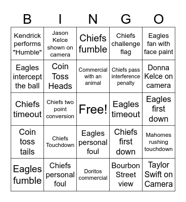 Super Bowl 2025 Bingo Card