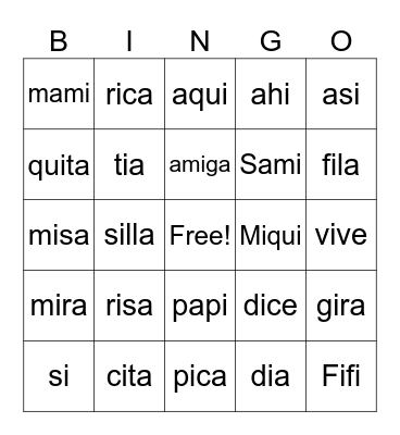 A-E-I Bingo Card