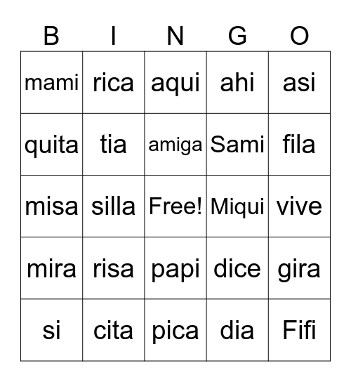 A-E-I Bingo Card