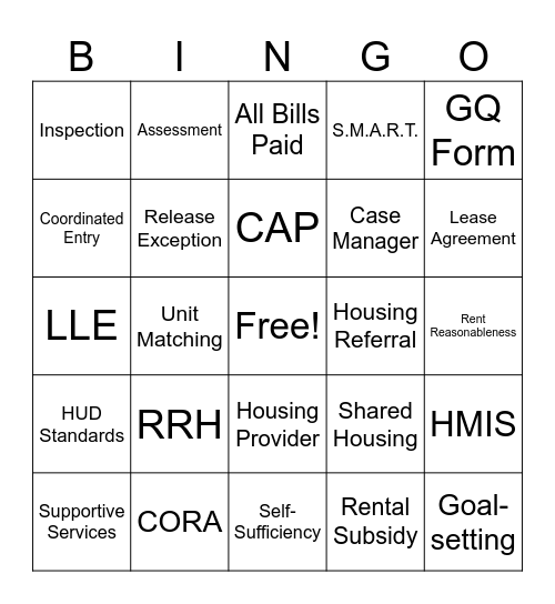 Rapid Re-Housing Bingo Card