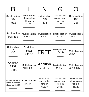 Math Review Bingo Card