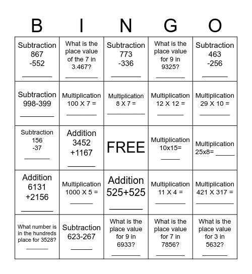 Math Review Bingo Card
