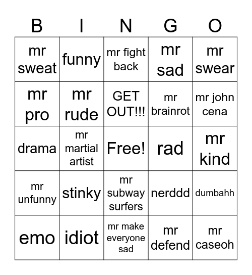 cool bingo of the day Bingo Card