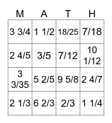 Fraction Multiplication Bingo Card