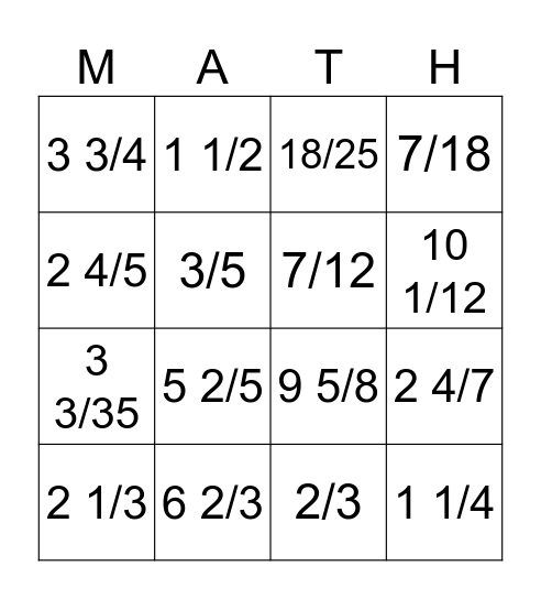 Fraction Multiplication Bingo Card