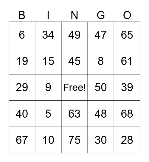 Number Bingo Card