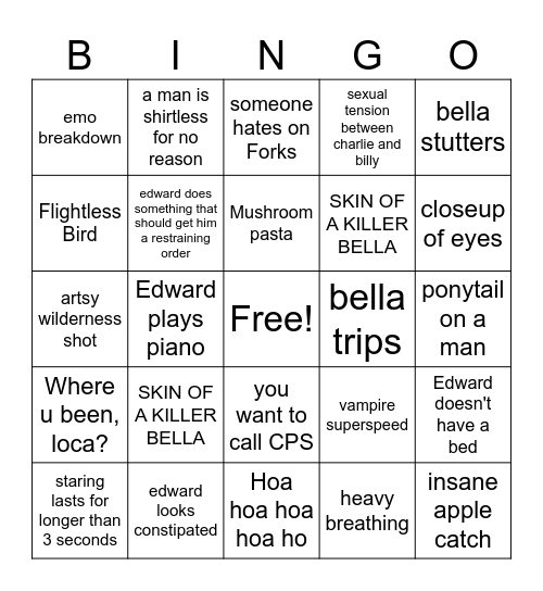 Twilight Drinking Game Bingo Card