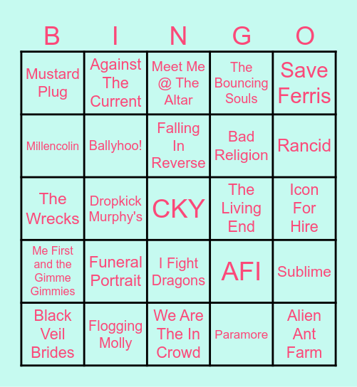 Vans Warped Tour 2025 Wish List Bingo Card