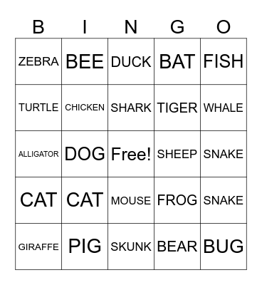 ASL ANIMAL BINGO Card