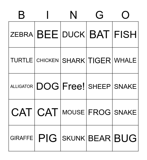 ASL ANIMAL BINGO Card