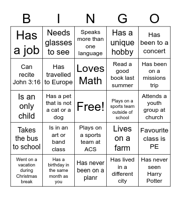 Socials 10 BINGO Card