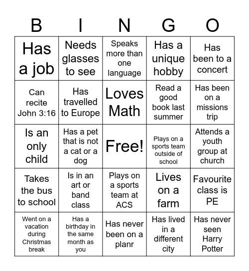 Socials 10 BINGO Card