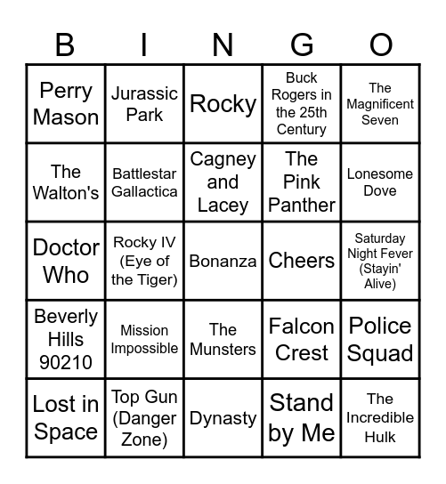 Movie and Tv Themed Bingo Card