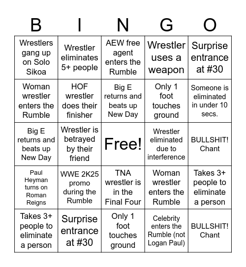 2025 Royal Rumble BINGO Card