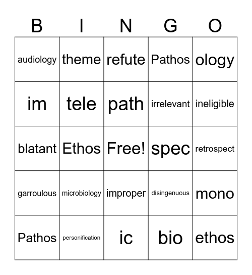 Fancher's  Vocabulary Bingo Card