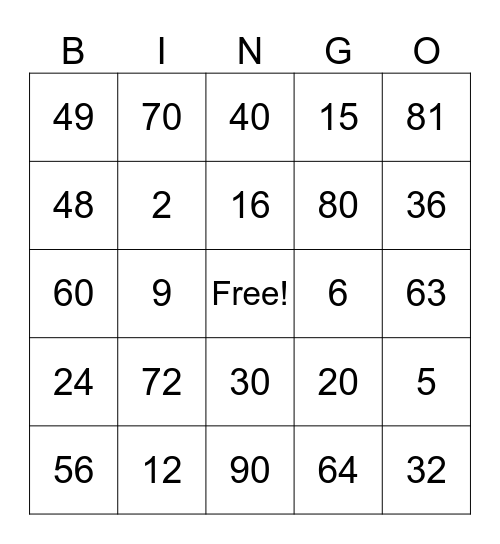 Tablas de Multiplicar Bingo Card