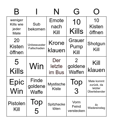 Fortnite Reload Bingo Card