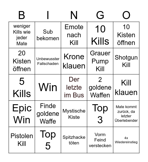 Fortnite Reload Bingo Card