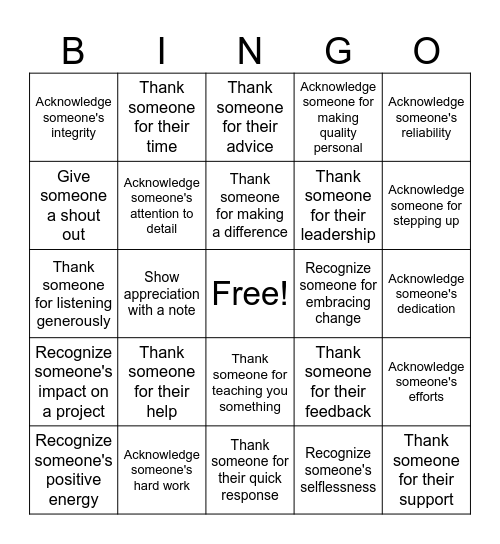 Gratitude Bingo Card