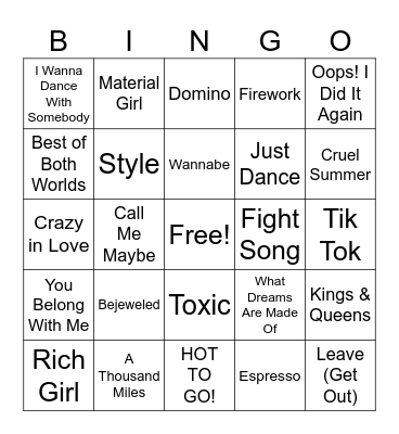 Girly Pop Bingo Card