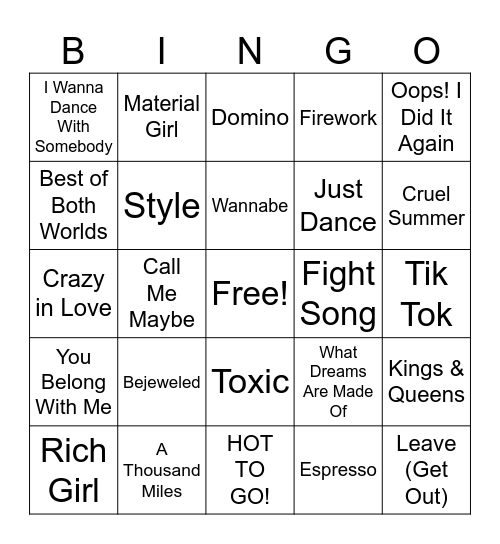 Girly Pop Bingo Card