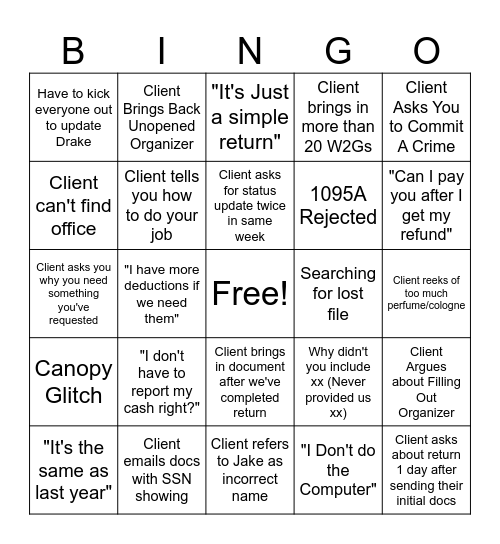 Tax Season Bingo - Round 1 Bingo Card