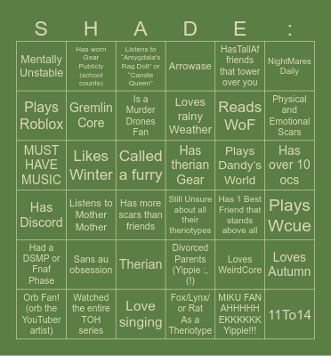 Therian Bingo! SwiftOnPaws/RayTheFox/ShadeTheFox Bingo Card