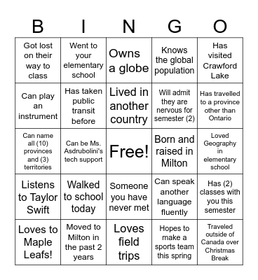 Ms. Asdrubolini's Geography Class Bingo Card