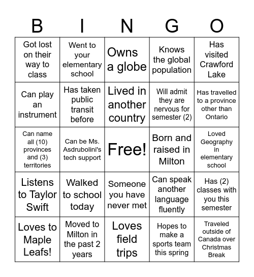 Ms. Asdrubolini's Geography Class Bingo Card