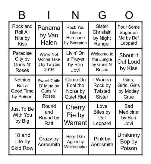 Hair Bands Bingo Card