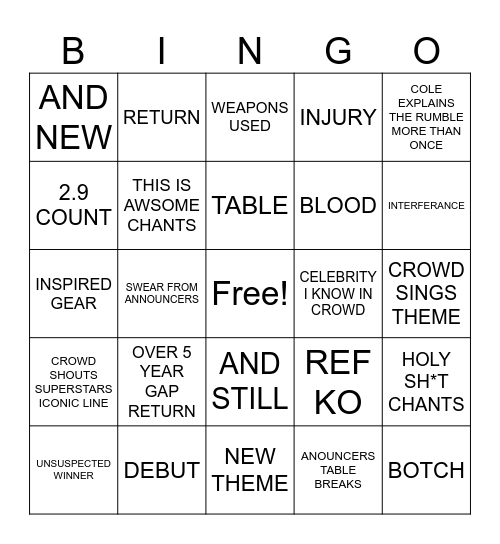 Royal Rumble Bingo Card