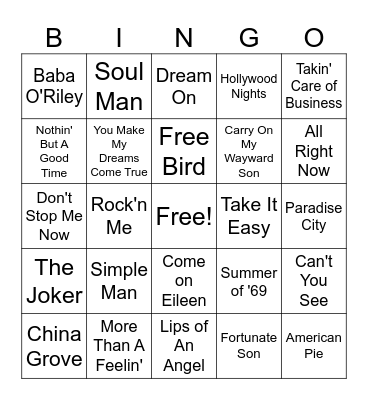 Classic Dad Rock Bingo Card