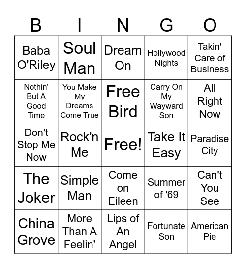 Classic Dad Rock Bingo Card