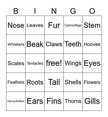 Plant and Animal Bingo Card