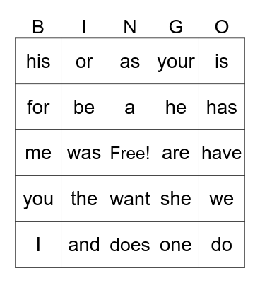 Sight Words Bingo Card