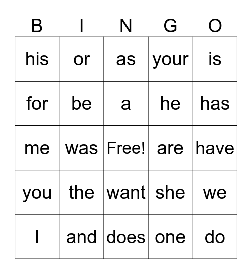 Sight Words Bingo Card