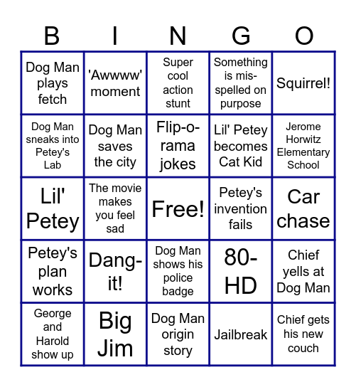 Dog Man Movie Bingo Card