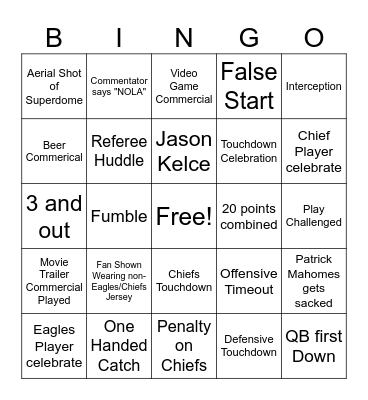 Chiefs vs Eagles Bingo Card