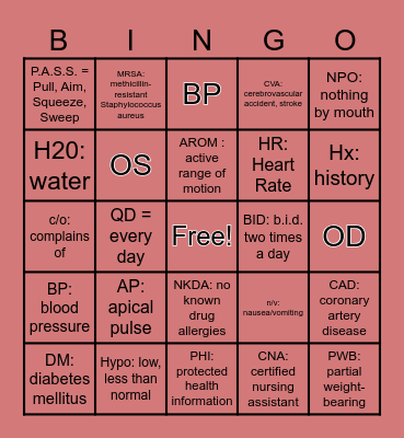 Nursing Assistant - Abbreviations Bingo Card
