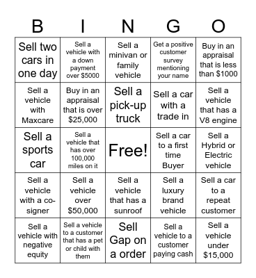 Carmax Sales Bingo Card