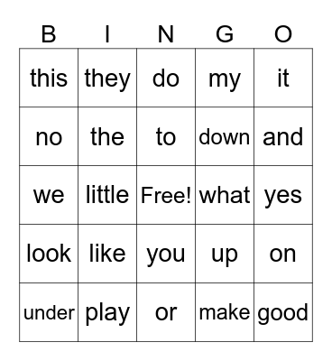 sight words Bingo Card