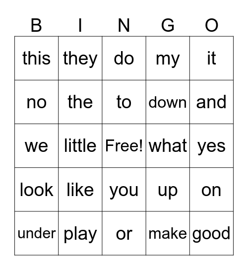 sight words Bingo Card