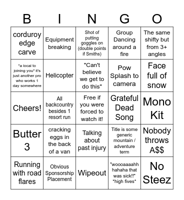 Ski Movie Bingo Card Bingo Card
