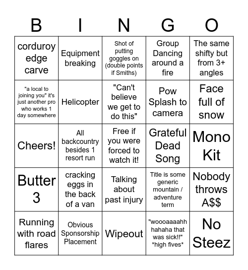 Ski Movie Bingo Card Bingo Card