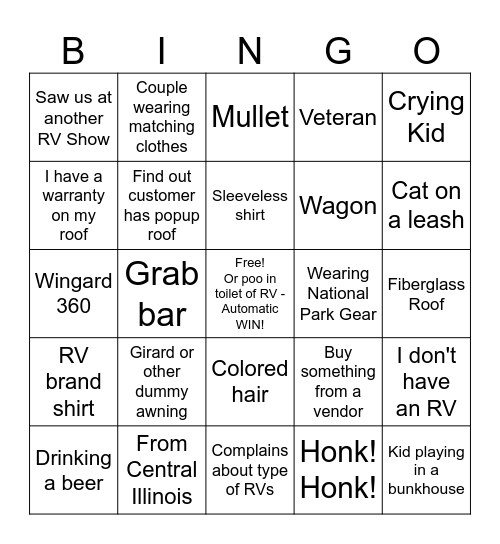 RV Show Bingo Card