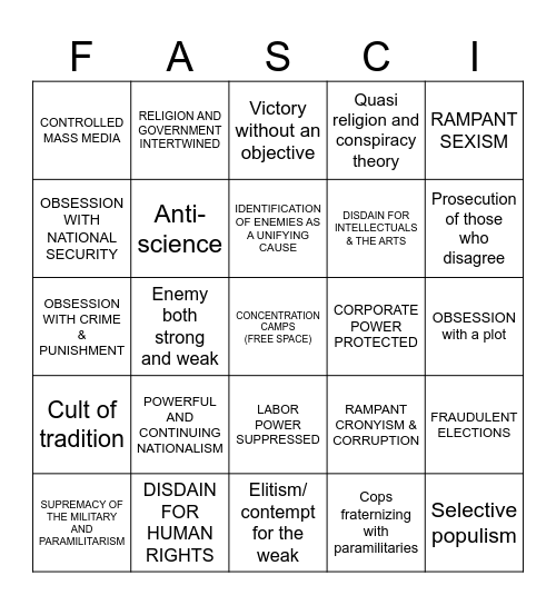 Fascism Bingo Card